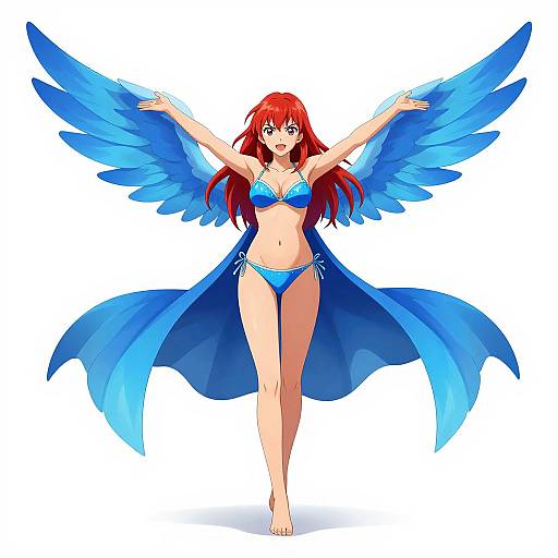Digital anime-style drawing of a red-haired woman with blue wings, wearing a blue bikini and flowing cape, arms outstretched, standing confidently.