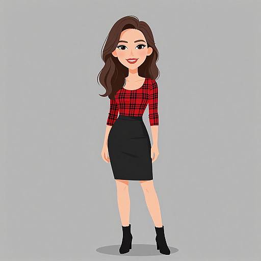 Digital illustration of a smiling woman with long brown hair, wearing a red plaid shirt, black skirt, and black ankle boots.