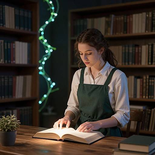 Photograph of a young woman with curly brown hair, wearing a green apron over a white shirt, reading a book by candlelight in a dim
