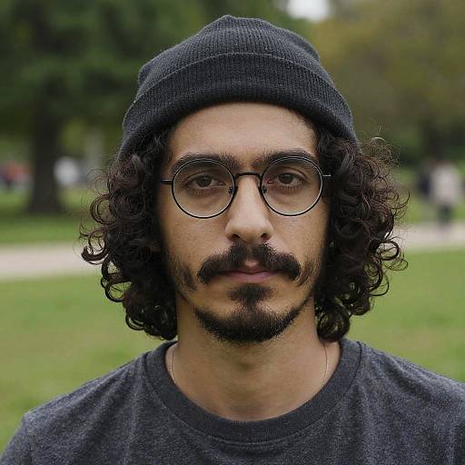 Photograph of a young man with curly black hair, dark beard, mustache, round glasses, and black beanie, wearing a dark gray shirt