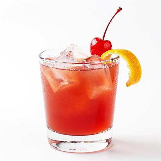 Photograph of a vibrant red cocktail in a clear glass, garnished with a cherry, orange slice, and ice cubes.