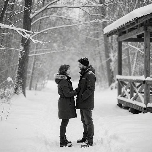Snowy Forest Embrace in Black-and-White