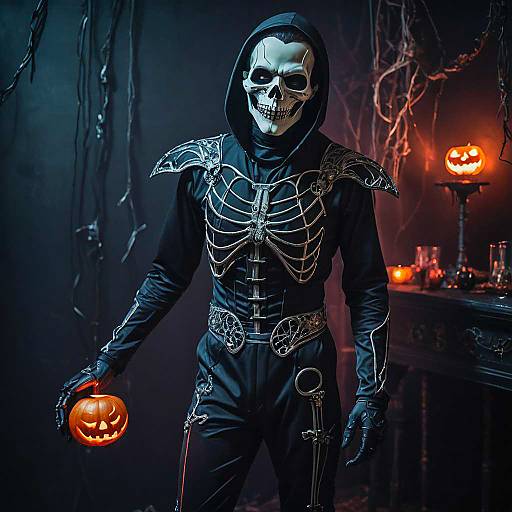 Mysterious skeleton costume with Halloween pumpkin
