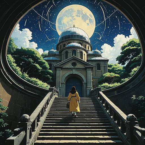 Woman ascending stairs to celestial observatory under full moon