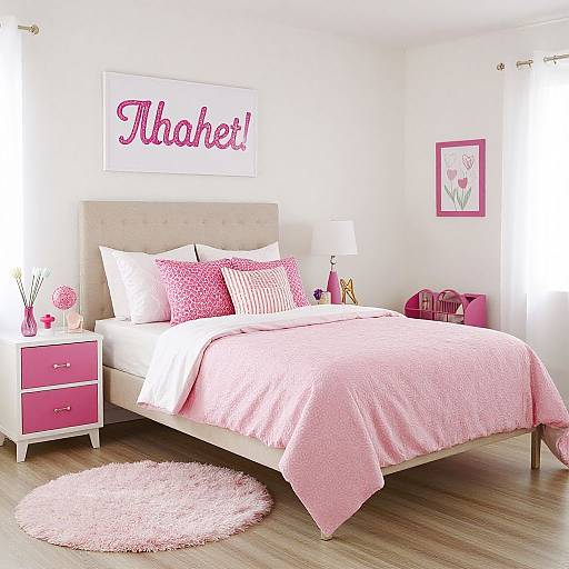 Bright pink-themed bedroom photograph: pink bedspread, pillows, nightstand, round rug, 