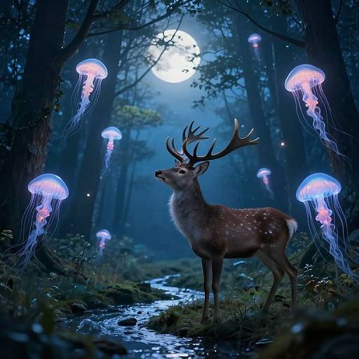 Fantastical forest scene: majestic deer with large antlers stands under a full moon, surrounded by glowing blue jellyfish, in a mystical, moon