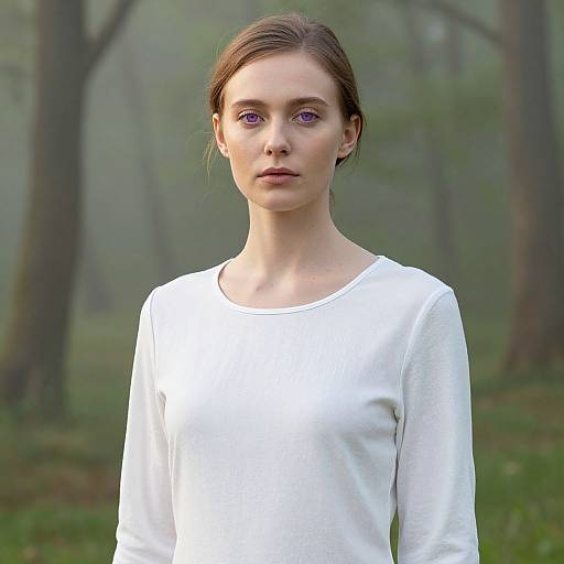 Photograph of a young woman with fair skin, brown hair, purple eyes, wearing a white long-sleeve shirt, standing in a misty
