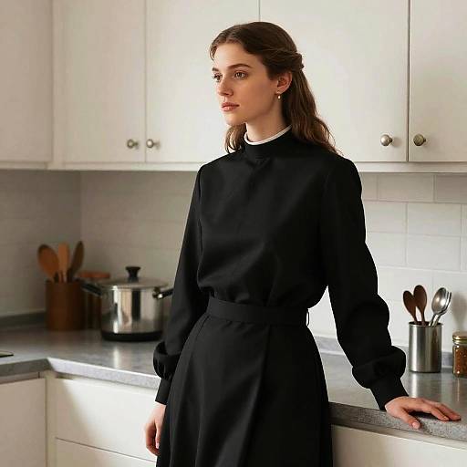 Woman in Catholic School Uniform Leaning on Kitchen Counter
