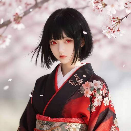 Digital art of a young Asian woman with short black hair, red eyes, wearing a black and red floral kimono, standing amidst blooming cherry bloss