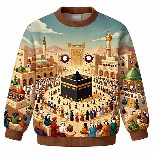 Digital illustration sweater depicting a bustling, colorful scene of a large mosque with a central black cube, surrounded by diverse, dressed worshippers under a vibrant,
