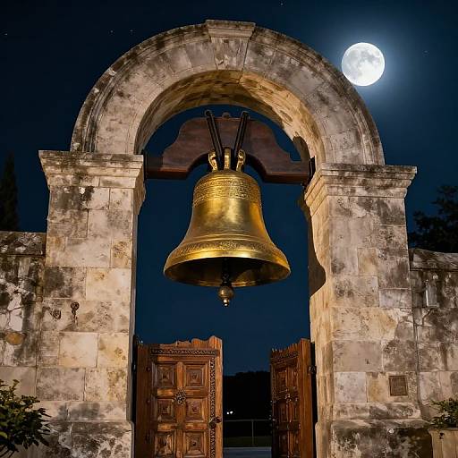 Majestic Moonlit Archway with Golden Bell