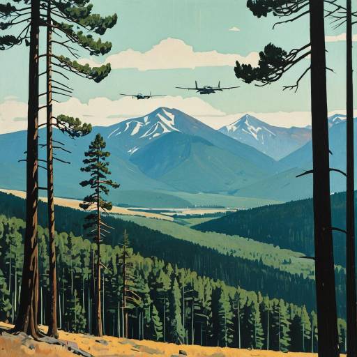 Painting of Mountain Landscape with Forest and Airplanes