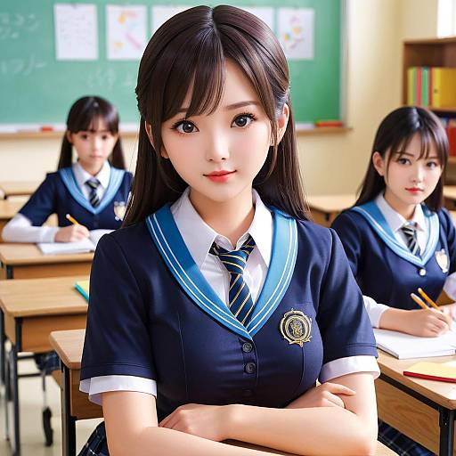 Photograph of three Japanese schoolgirls in navy uniforms with blue trim, white shirts, and striped ties, seated in a bright classroom with green chalkboards