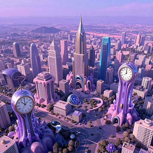 Aerial CGI of a futuristic cityscape with glowing purple-lit skyscrapers, including two prominent clock towers, surrounded by roads and trees.