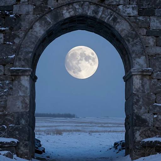 Photograph of a full moon through a stone archway, framing a snowy landscape with a clear, blue sky.