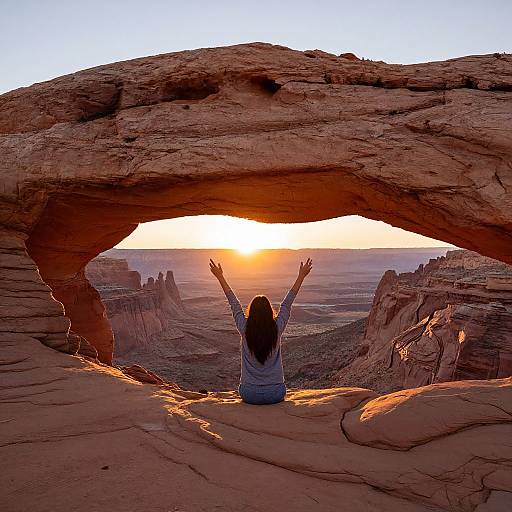 Photograph of a woman with long brown hair, wearing a white shirt, sitting on rocky ledge, arms raised, viewing sunset through natural arch in Utah