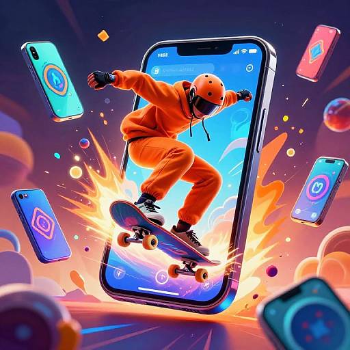 Digital illustration of a skater in an orange hoodie and helmet, mid-trick on a smartphone, surrounded by floating smartphones and colorful explosions.