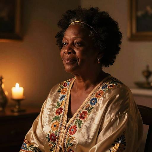 Middle-Aged Black Woman in Embroidered Silk Robe