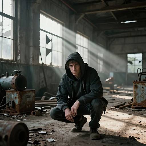 Photograph of a young man in a black hoodie, crouching in a dimly lit, abandoned industrial warehouse with broken windows and rusted machinery