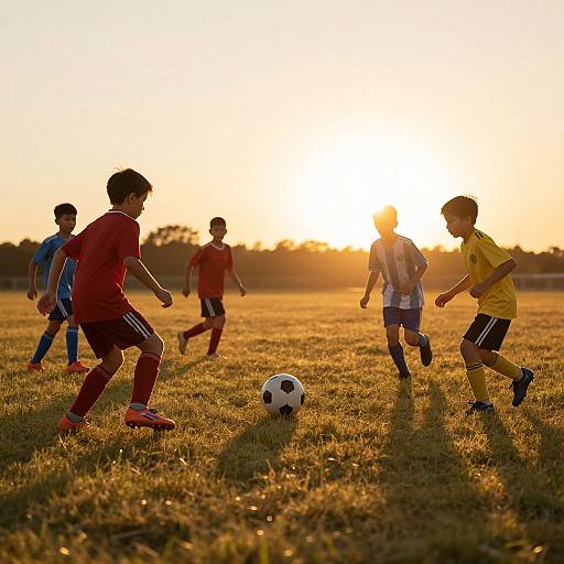 Photograph of six young boys playing soccer at sunset, wearing red, blue, and yellow jerseys, chasing a black and white ball on a grassy