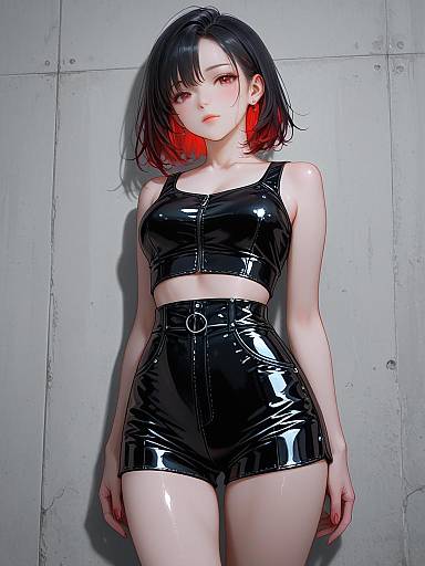 Girl in Glossy Black Leather Outfit