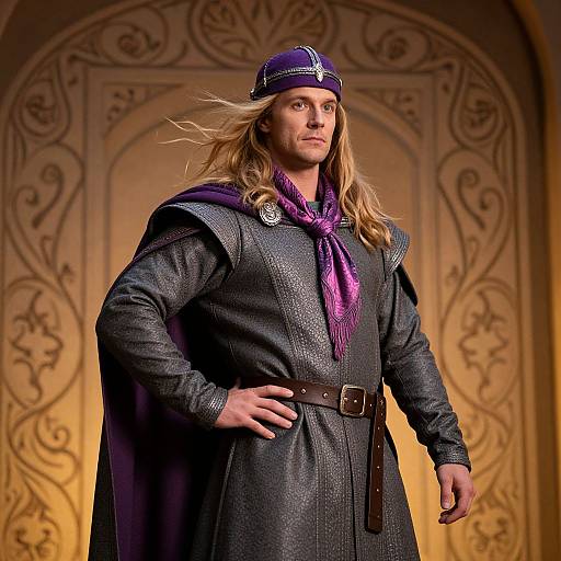Photograph of a tall, blonde man in medieval attire with a purple scarf, helmet, and dark gray textured cloak, standing confidently against an ornate