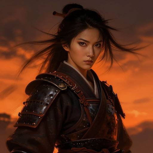 Digital artwork of an Asian woman in samurai armor with fierce expression, dark hair in a topknot, against a vivid orange sunset sky. Her