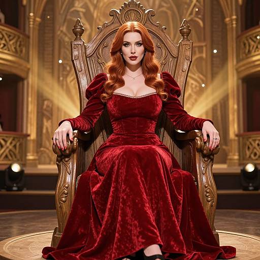 Photograph of a red-haired woman with fair skin, wearing a deep red velvet gown, seated on a golden, ornate throne in a grand,