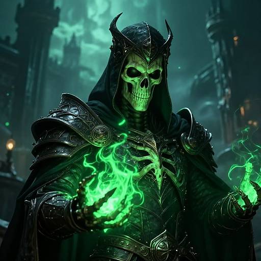 Digital fantasy artwork of a dark, horned skeleton warrior in black armor, conjuring green fire with glowing hands, in a gothic, misty