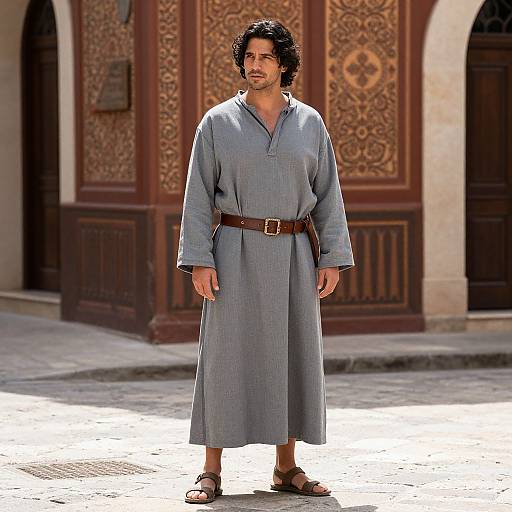 Photograph of a middle-aged man with curly black hair, wearing a blue long-sleeve tunic, brown belt, and sandals, standing in