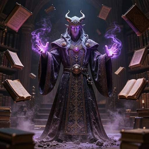 Digital artwork of a horned, purple-skinned demon sorcerer in ornate black robes, conjuring purple flames, surrounded by floating books in a