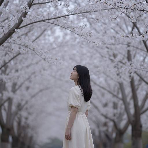 Photograph of a young Asian woman with black hair, wearing a white, puffed-sleeve dress, standing under blooming cherry blossom trees,