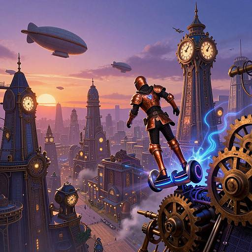 Steampunk cityscape at sunset with a glowing, metallic superhero leaping from clock tower gears, blue energy crackling beneath feet, airships in