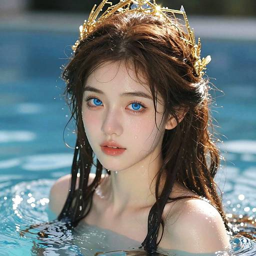 Photograph of a fair-skinned, blue-eyed young woman with wet, dark brown hair and a golden crown, partially submerged in a blue swimming pool