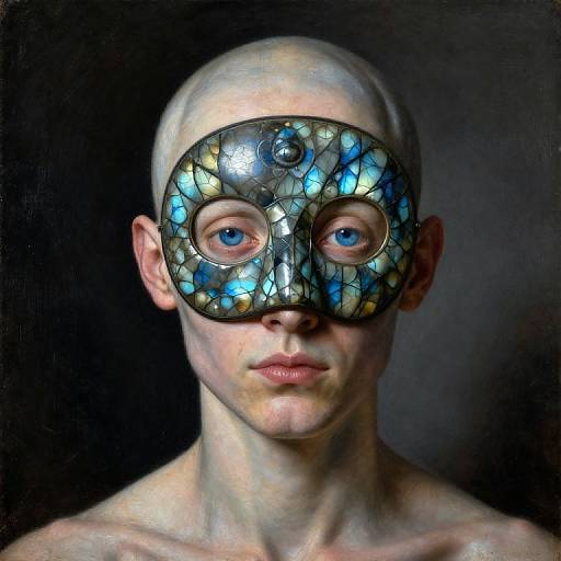 Photograph of a bald, pale-skinned person with blue and black mosaic mask, exposing blue eyes, against a dark background.