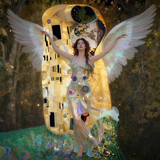 Photograph of a woman with angel wings, wearing a glowing, iridescent dress, standing before a golden, pixelated, Klimt-inspired