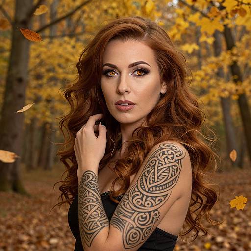 Photograph of a fair-skinned woman with long, wavy brown hair, adorned with intricate black tattoos on her arms, standing in an autumn forest