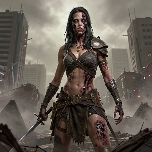 CGI image of a bloodied, muscular, dark-haired warrior woman in tattered armor and skirt, holding a sword, standing amidst a ruined,