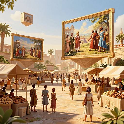 Digital artwork of a bustling ancient marketplace with large, detailed murals, people in traditional attire, and market stalls under bright sunlight.