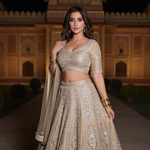 Photograph of a beautiful South Asian woman in an ornate, gold-embroidered traditional outfit with a sheer dupatta, standing confidently in front