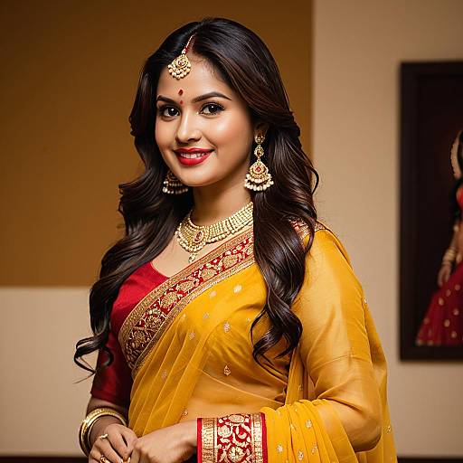 Indian Woman in Traditional Yellow and Red Saree
