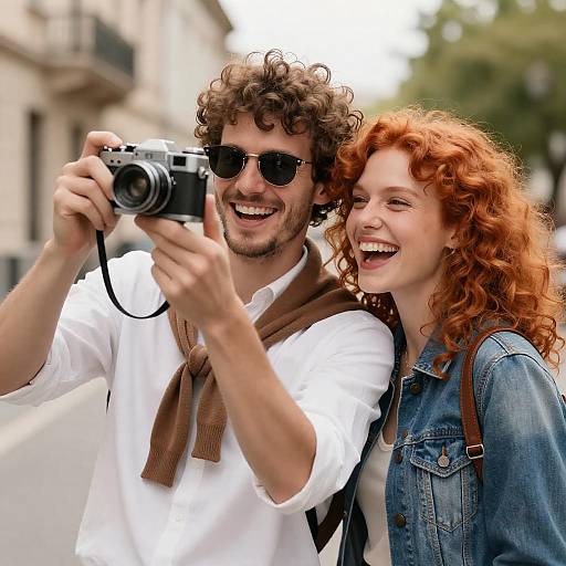 Happy couple taking photo with vintage camera