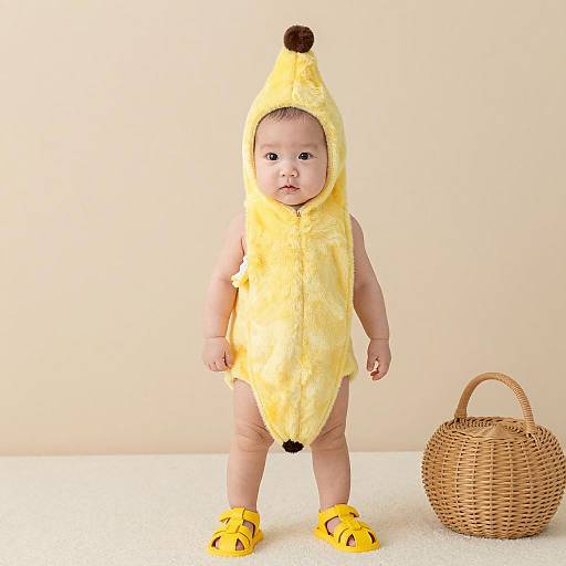 Baby in Banana Costume with Woven Basket