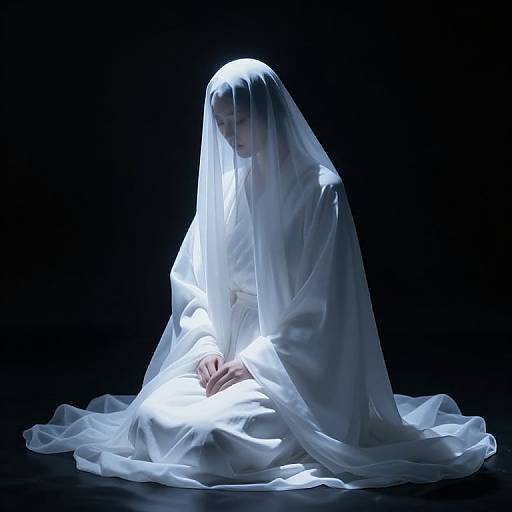 Photograph of a ghostly figure in white, translucent veil, sitting on dark background, illuminated from below, creating a mysterious, ethereal atmosphere.