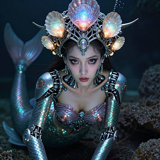 Photorealistic digital artwork of a shimmering mermaid with metallic scales, glowing seashell crown, and intricate jewelry, set underwater.
