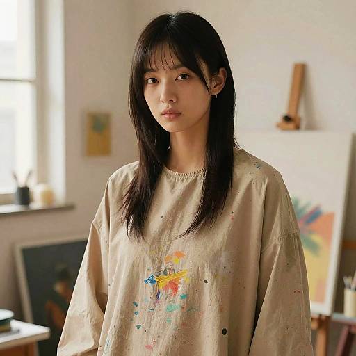 Female Artist with Long Undercut Hairstyle in Art Loft