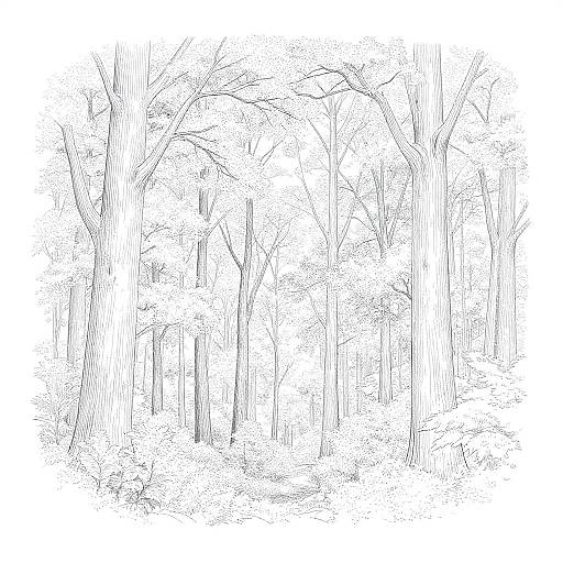 Black-and-white line drawing of a dense forest with tall, thin trees and sparse foliage, creating a minimalist, intricate pattern.