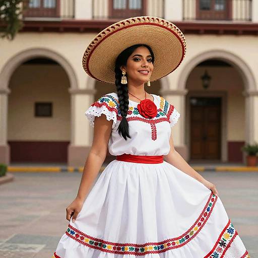 Woman in Traditional Mexican Dress and Sombrero