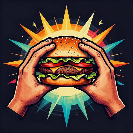 Vibrant digital artwork of hands holding a juicy burger with lettuce, tomato, and cheese, surrounded by colorful sunburst rays on a dark background.