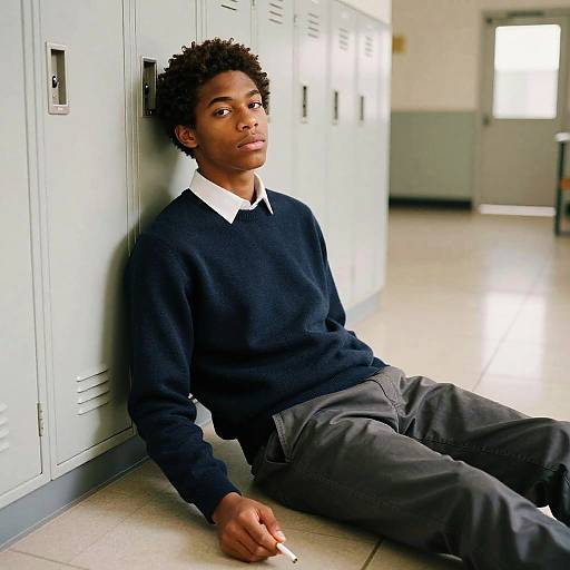 Teenage Boy Sitting in School Corridor